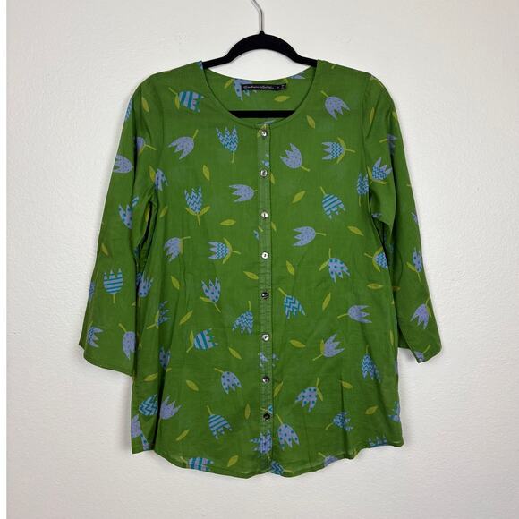Gudrun Sjoden Floral Button Down Organic Cotton Freen Abstract Blouse Small - Picture 1 of 5